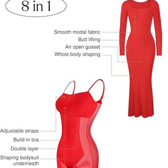 Popilush Shapewear Square Neck Long Sleeve Slimming Modal Maxi Dress (Red) - Picture 4 of 5